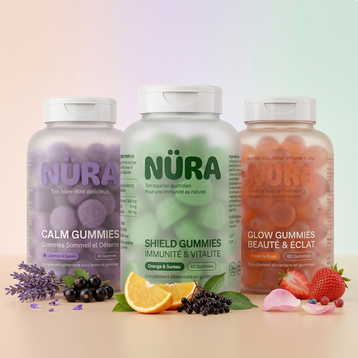NÜ•RA — Calm · Shield · Glow Gummies